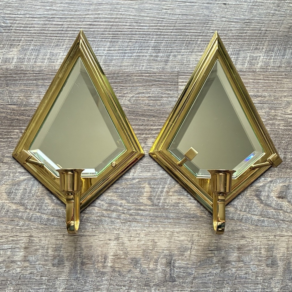 Vintage PartyLite Brass Mirror Wall Sconce Candle Holders Hollywood Regency Set